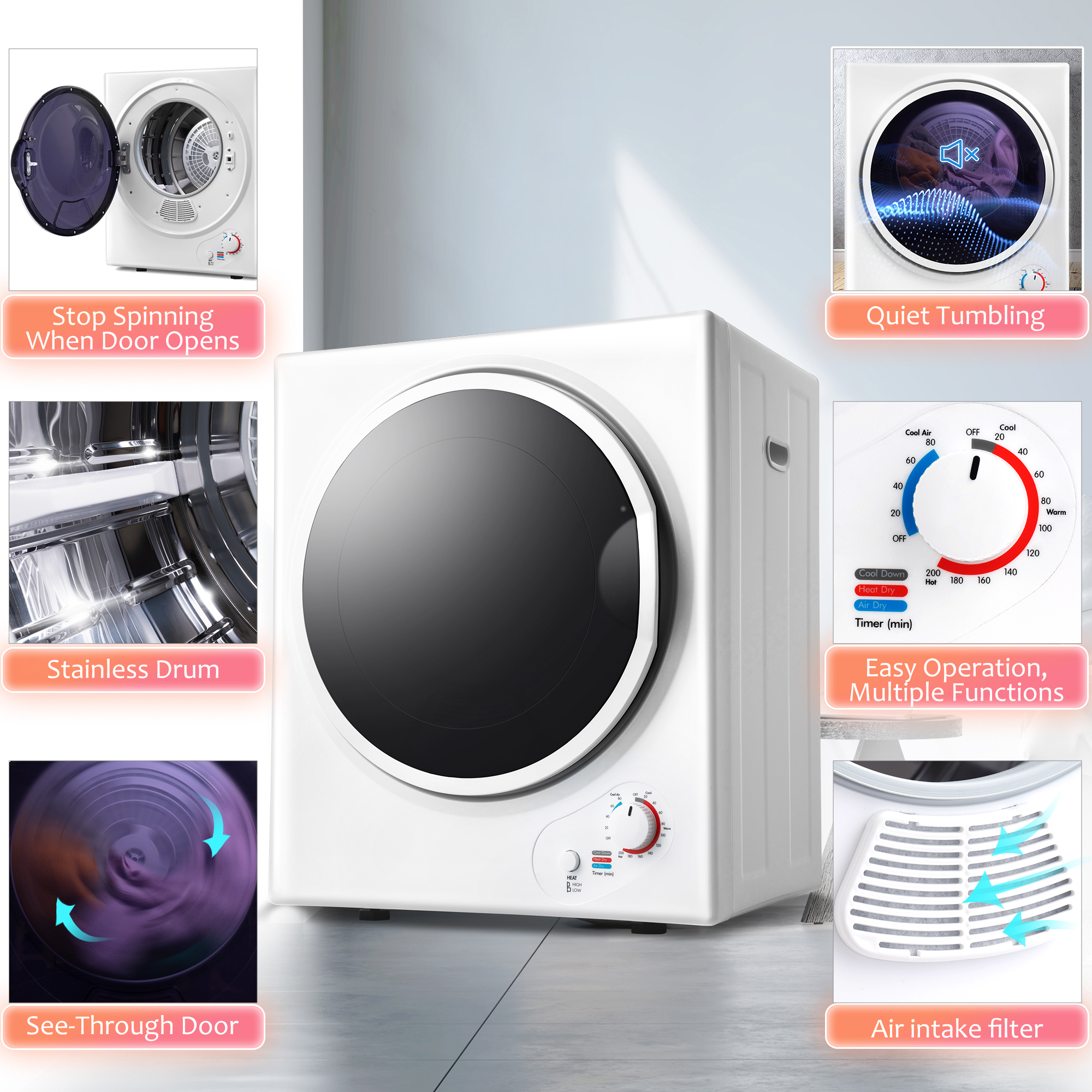 Compact Laundry Dryer, 850W Portable Clothes Dryer with 5 Drying Modes,  Front Load Electric Clothes Dryer Machine for Apartments, Dormitory, RVs